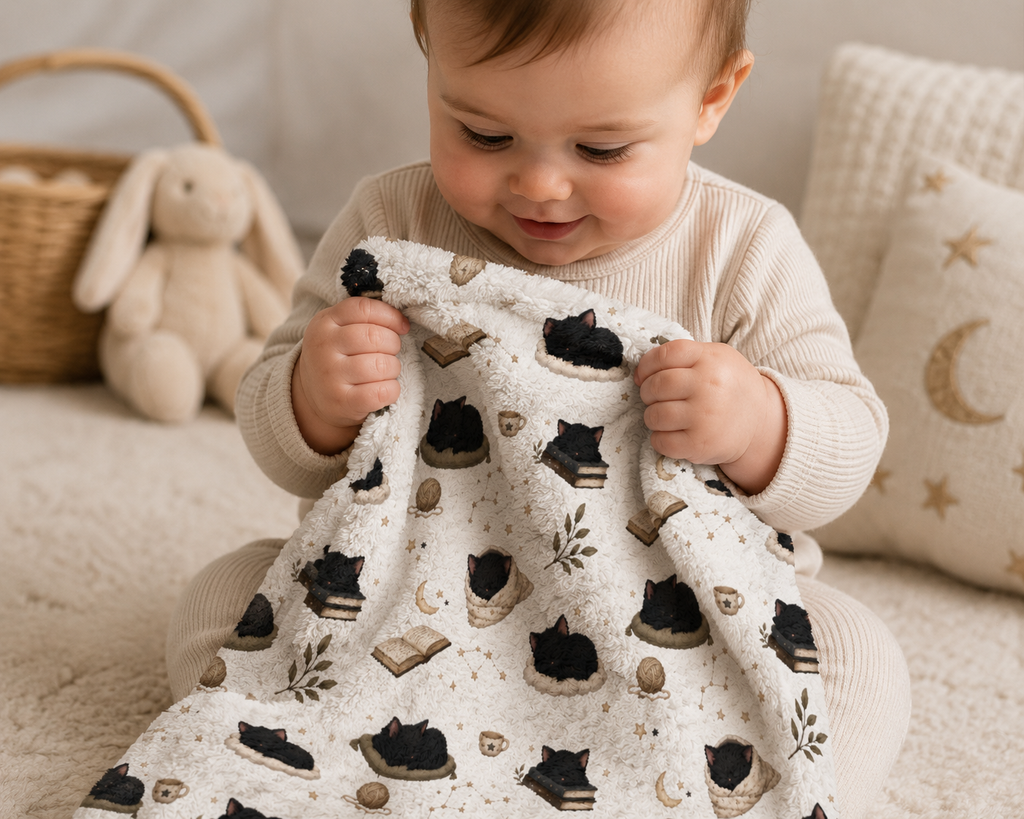 Minky Baby Lovey Blanket - Sleepy Black Cat
