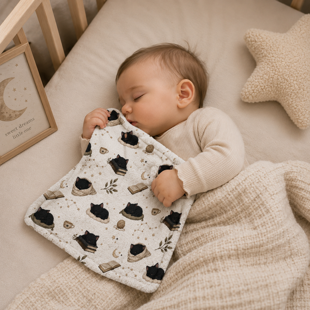 Minky Baby Lovey Blanket - Sleepy Black Cat