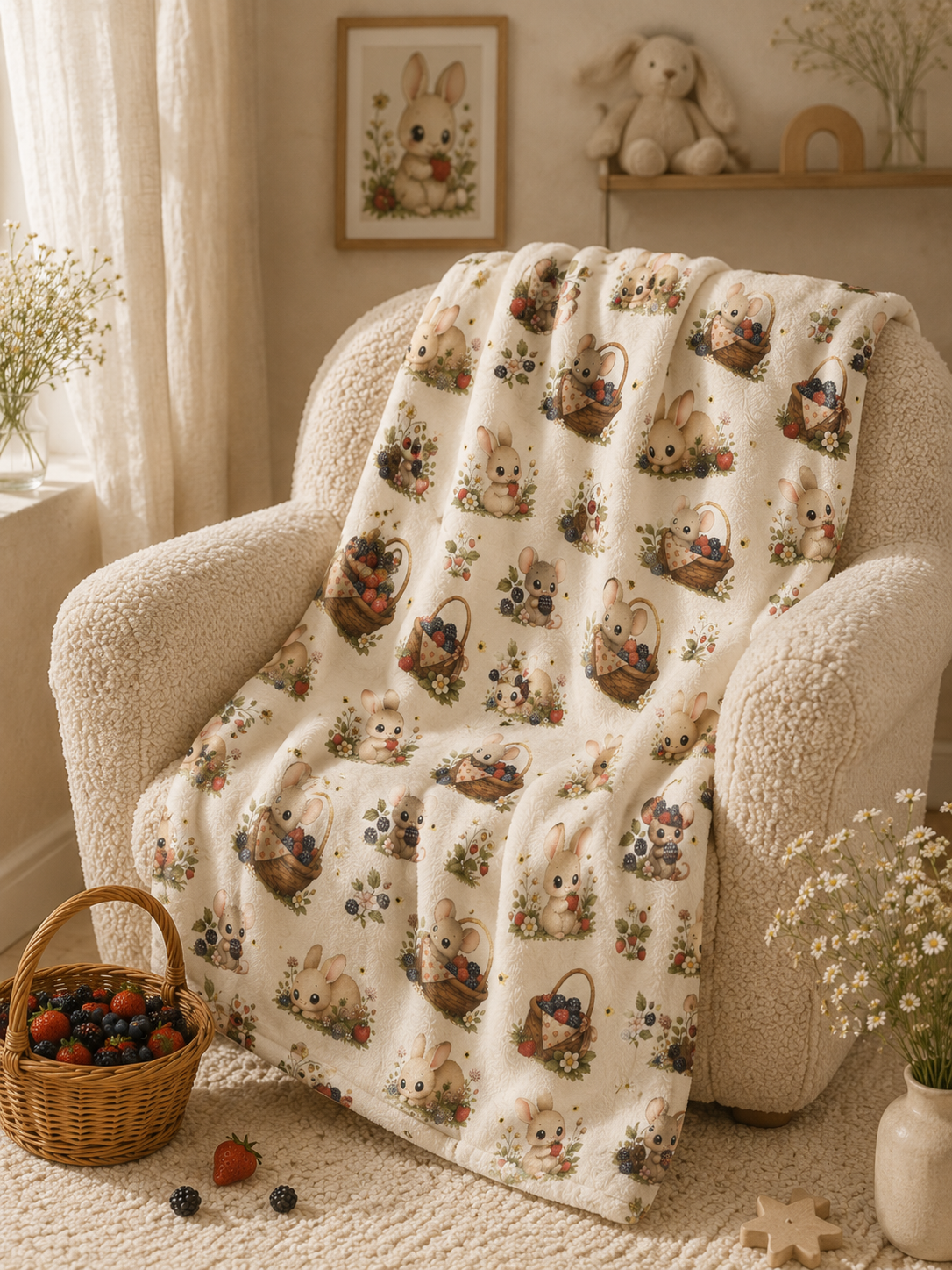Velveteen Microfiber Baby Blanket - Cute Bunny & Mouse