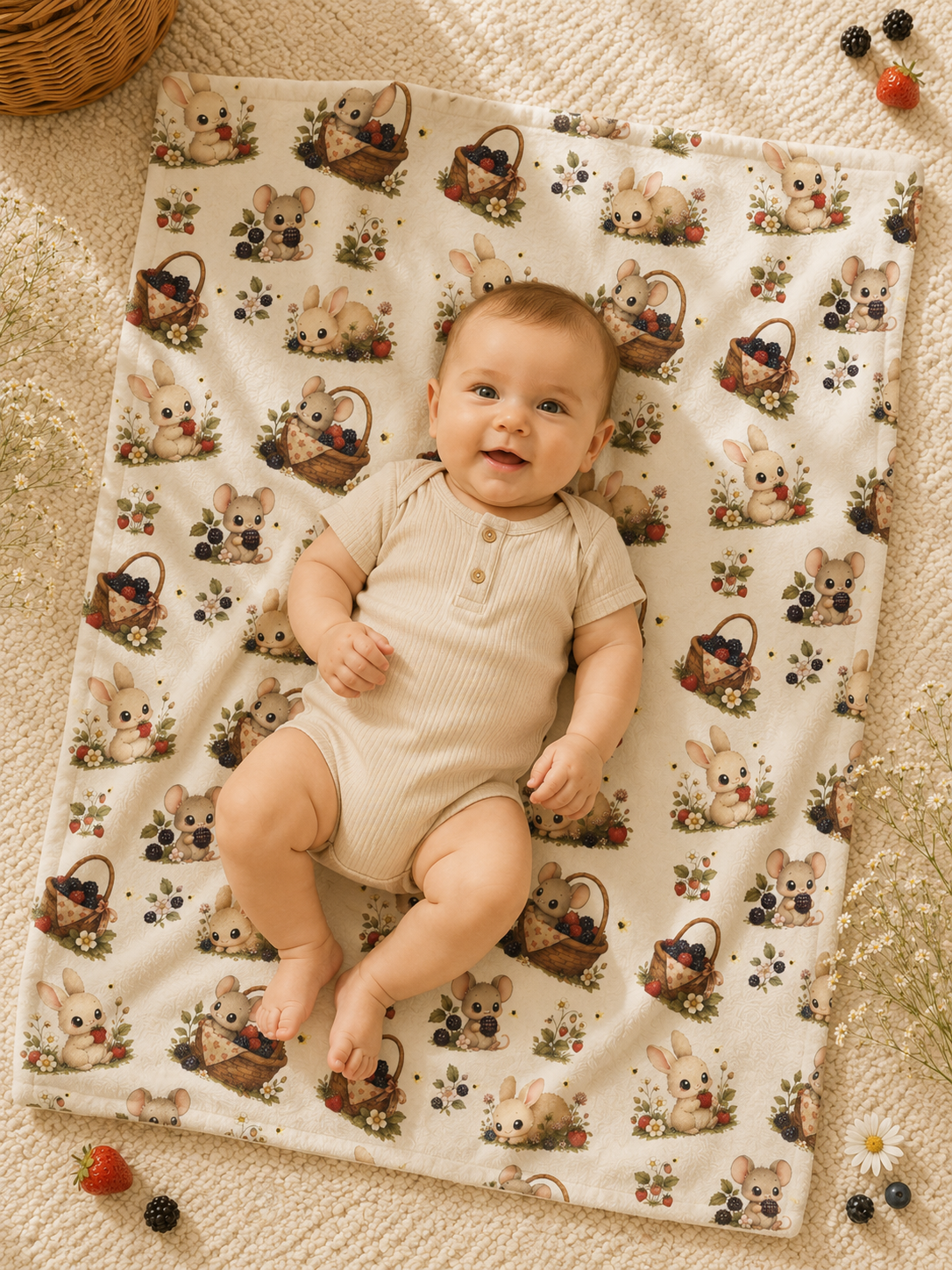 Velveteen Microfiber Baby Blanket - Cute Bunny & Mouse